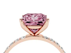 Fancy Pink Princess Cut Diamond Solitaire Engagement Ring Set in Rose gold with Round Pavé Band and Prong Setting