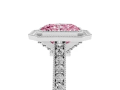 Fancy Pink Radiant Cut Diamond Halo Milgrain Pavé Band Ring Set in Platinum with Prong Setting