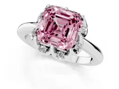 Fancy Pink Asscher Cut Diamond Round Cluster Halo Ring Set in Platinum with Solitaire Band and Prong Setting