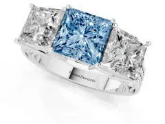 Fancy Blue Princess Cut Diamond Three-Stone Ring Set in White gold with Textured Band