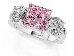 Fancy Pink Princess Cut Diamond Three-Stone Ring Set in White gold with Round Side Stones and Classic Band