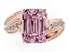 Fancy Pink Emerald Cut Diamond Solitaire Ring Set in Rose gold with Layered Twist Pavé Band