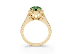 Fancy Green Round Cut Diamond Floral Halo Split Shank Engagement Ring Set in Yellow gold with Pavé Shank