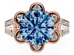Fancy Blue Round Cut Diamond Floral Halo Split Shank Engagement Ring Set in Rose gold with Pavé Shank