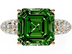Fancy Green Asscher Cut Diamond Pavé Band Solitaire Ring Set in Yellow gold with Close-Set Accent Stones and Prong Setting