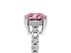 Fancy Pink Cushion Cut Diamond Solitaire Engagement Ring Set in White gold with Pavé Band and Prong Setting