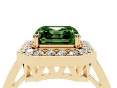 Fancy Green Asscher Cut Diamond Halo Ring Set in Yellow gold with Accent-Lined Split Shank and Prong Setting