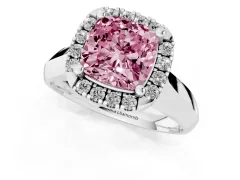 Fancy Pink Cushion Cut Diamond Halo Solitaire Engagement Ring Set in Platinum with Square Band and Prong Setting