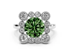 Fancy Green Round Cut Diamond Cluster Halo Ring Set in Silver with Milgrain Bezel Accents and Plain Band