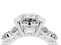 Emerald Cut Diamond Floral Halo Ring Set in Platinum with Shared Prong Band