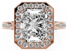 Radiant Cut Diamond Halo Engagement Ring Set in Rose gold with Accent Split Shank Band