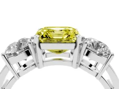 Fancy Yellow Asscher Cut Diamond Three-Stone Ring Set in White gold with Round Side Stones and Classic Band