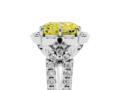 Fancy Yellow Radiant Cut Diamond Floral Halo Split Shank Engagement Ring Set in Platinum with Pavé Shank