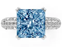 Fancy Blue Princess Cut Diamond Solitaire Ring Set in Silver with Multi-Row Round Pavé Band and Prong Setting