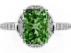 Fancy Green Radiant Cut Diamond Halo Ring Set in Silver with Channel Set Band and Prong Setting