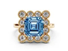 Fancy Blue Asscher Cut Diamond Cluster Halo Ring Set in Yellow gold with Milgrain Bezel Accents and Plain Band