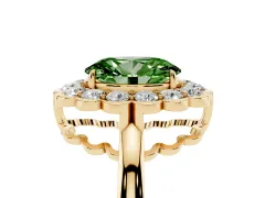 Fancy Green Oval Cut Diamond Halo Cluster Engagement Ring Set in Yellow gold with Solitaire Band and Prong Setting