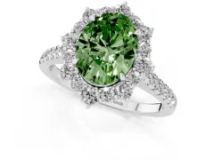 Fancy Green Oval Cut Diamond Halo Ring Set in White gold with Pavé Band and Prong Setting