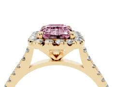 Fancy Pink Emerald Cut Diamond Cushion Halo Ring Set in Yellow gold with Pavé Band