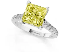 Fancy Yellow Princess Cut Diamond Solitaire Ring Set in Silver with Brilliant Pavé Band and Prong Setting