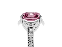 Fancy Pink Asscher Cut Diamond Halo Ring Set in Platinum with Channel Set Band and Prong Setting