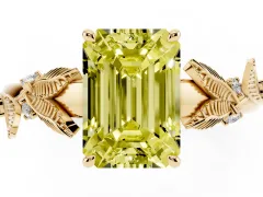 Fancy Yellow Emerald Cut Diamond Solitaire Ring Set in Yellow gold with Leaf Motif Band