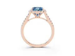 Fancy Blue Princess Cut Diamond Pavé Halo Engagement Ring Set in Rose gold with Pavé Band and Prong Setting