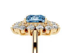 Fancy Blue Princess Cut Diamond Floral Double Halo Ring Set in Yellow gold with Round Petals