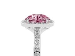 Fancy Pink Round Cut Diamond Halo Engagement Ring Set in Platinum with Round Pavé Shoulders and Heart Gallery