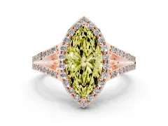Fancy Yellow Marquise Cut Diamond Halo Split Shank Pavé Ring Set in Rose gold with Prong Setting