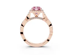 Fancy Pink Cushion Cut Diamond Halo Twist Band Solitaire Ring Set in Rose gold with Prong Setting