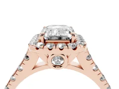 Emerald Cut Diamond Halo Engagement Ring Set in Rose gold with Pavé Band and Prong-Set Center