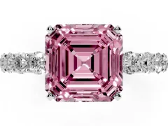 Fancy Pink Asscher Cut Diamond Solitaire Ring Set in White gold with Shared Prong Pavé Band