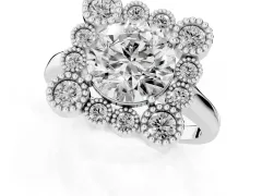 Round Cut Diamond Cluster Halo Ring Set in Platinum with Milgrain Bezel Accents and Plain Band
