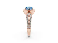 Fancy Blue Round Cut Diamond Floral Halo Split Shank Engagement Ring Set in Rose gold with Pavé Shank
