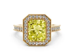 Fancy Yellow Radiant Cut Diamond Halo Milgrain Pavé Band Ring Set in Yellow gold with Prong Setting