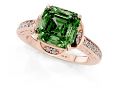 Fancy Green Asscher Cut Diamond Halo Ring Set in Rose gold with Channel Set Band and Prong Setting