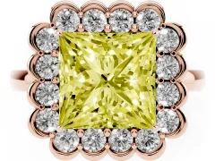 Fancy Yellow Princess Cut Diamond Halo Cluster Engagement Ring Set in Rose gold with Solitaire Band and Prong Setting