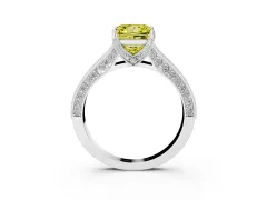 Fancy Yellow Princess Cut Diamond Solitaire Ring Set in Platinum with Milgrain-Edged Pavé Band and Prong Setting