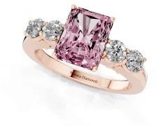 Fancy Pink Radiant Cut Diamond Five-Stone Prong Set Band Ring Set in Rose gold with Polished Band