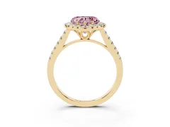 Fancy Pink Heart Cut Diamond Pavé Halo Engagement Ring Set in Yellow gold with Pavé Band and Prong Setting