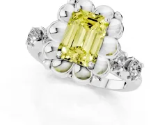 Fancy Yellow Emerald Cut Diamond Floral Halo Ring Set in White gold with Shared Prong Band