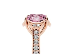 Fancy Pink Princess Cut Diamond Halo Ring Set in Rose gold with Channel Set Band and Prong Setting