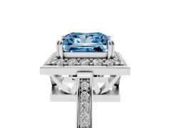Fancy Blue Princess Cut Diamond Halo Ring Set in Platinum with Accent-Lined Split Shank and Prong Setting