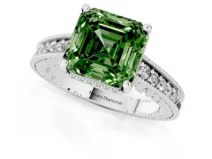 Fancy Green Asscher Cut Diamond Solitaire Pavé Milgrain Engagement Ring Set in White gold with Prong Setting