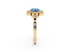 Fancy Blue Round Cut Diamond Cluster Halo Ring Set in Yellow gold with Milgrain Bezel Accents and Plain Band