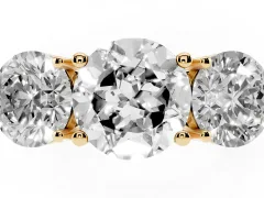 Round Cut Diamond Three-Stone Ring Set in Yellow gold with Prong Setting and Plain Band