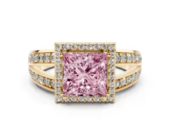 Fancy Pink Princess Cut Diamond Halo Ring Set in Yellow gold with Double Pavé Split Shank