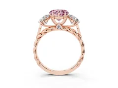 Fancy Pink Heart Cut Diamond Three-Stone Ring Set in Rose gold with Braided Band