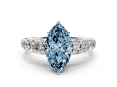 Fancy Blue Marquise Cut Diamond Solitaire Ring Set in Platinum with Pavé-Set Band and Prong Setting